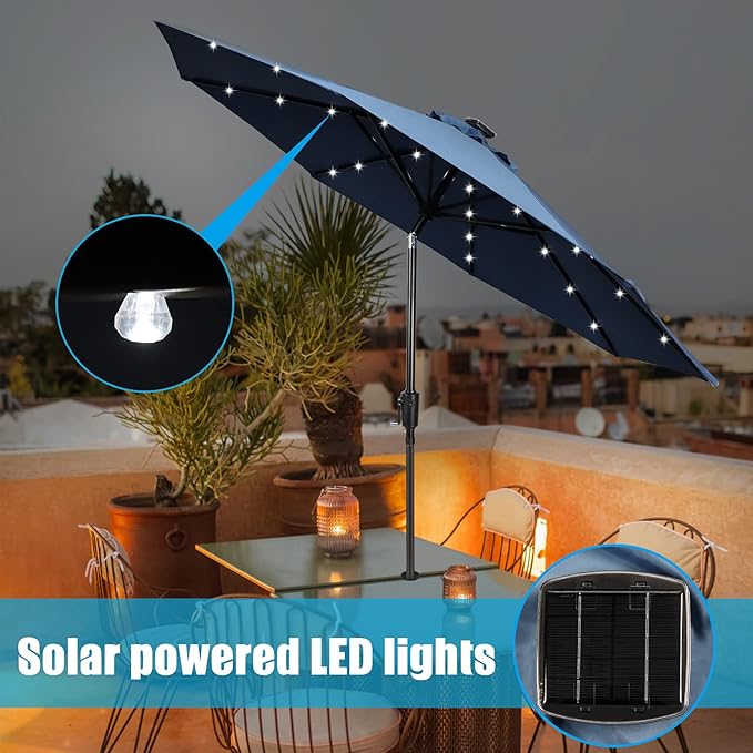 9FT Solar Umbrella 32 LED Patio Umbrellas with Tilt and Crank,Table Market Outdoor Umbrella for Garden,8 Ribs