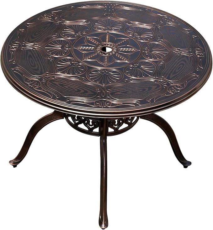 FAPOLITE Outdoor Table Cast Aluminum Round Patio Table with Umbrella Hole All Weather Outdoor Dining Table for Lawn Garden Backyard (100cm Palm Round Table)