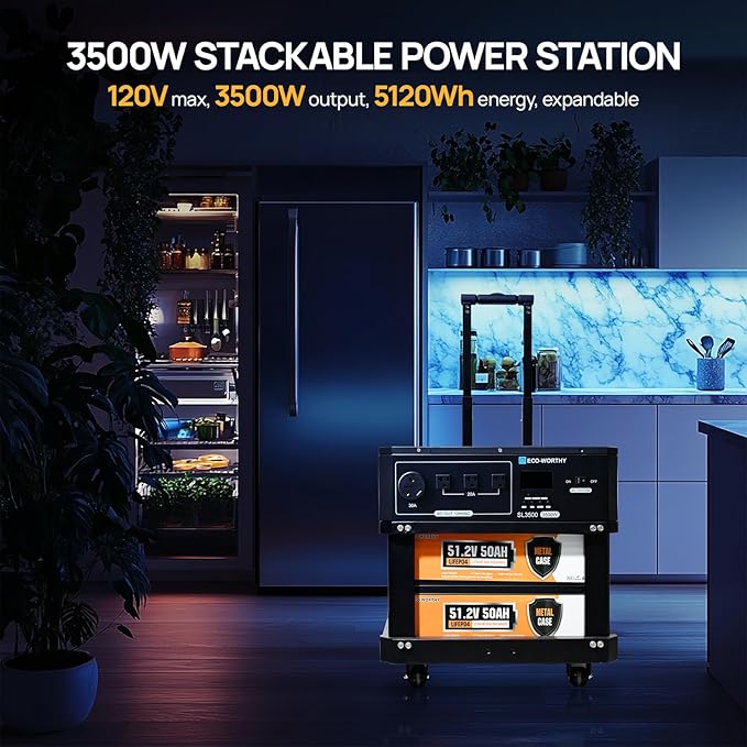 ECO-WORTHY SL3500 Stackable Power Station Solar Inverter AC 3500W Output,5120Wh LiFePO4 Battery with BMS,Movable Portable Stand with Expandable Tiers for Home Backup,Emergency,Solar System Components