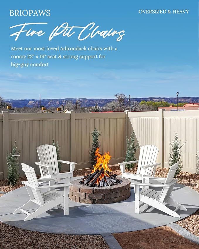 BRIOPAWS Adirondack-Chairs-Set of 2 | Fire Pit Chair | Oversized | HDPE Plastic | Weather Resistant | for Deck Outdoor Poolside Campfire | White