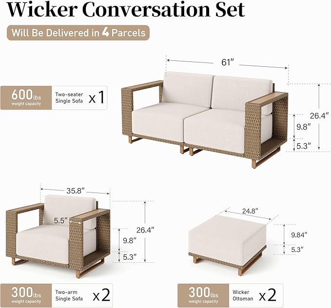 Sectional Outdoor Patio Furniture,Outdoor Rattan Wicker Sectional Sofa with 10''Ultra-Thick Cushions,All Weather Patio Conversation Set for Lawn Garden Backyard,Beige