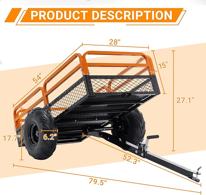 Heavy Duty ATV UTV Trailer Tow Behind Dump Cart, 1500lbs 15 Cubic Feet, Yard Garden Trailer Pull Behind Dump for Lawn Mower Tractor Garden Waste