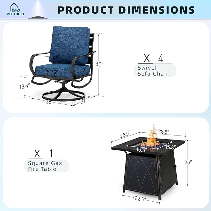 MFSTUDIO 5 Pieces Patio Conversation Sets, Outdoor Metal Furniture Sofas with 1 x 28 Square Propane Gas Fire Pit Table and 4 x Steel Frame Patio Sofa Swivel Chairs with Peacock Blue Cushion