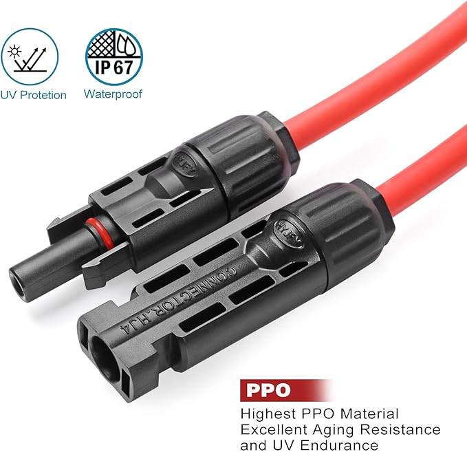 30 Feet 10AWG Solar Extension Cable with Female and Male Connector, Twin Wire Solar Panel Wire Adapter for Home, Shop and RV Solar Panels (30FT Red + 30FT Black)
