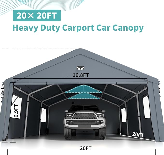 2 Car Carports 20X20 Heavy Duty,Carport Canopy,Car Port with 180G Removable Side Walls,Portable Car Port Garage,Car Shelter All Weather,Gray