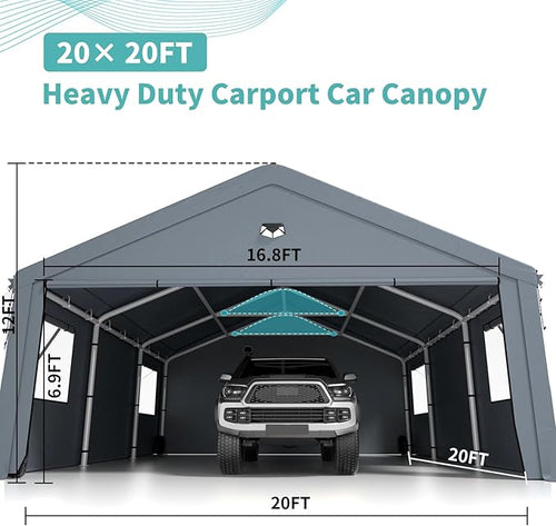 2 Car Carports 20X20 Heavy Duty,Carport Canopy,Car Port with 180G Removable Side Walls,Portable Car Port Garage,Car Shelter All Weather,Gray
