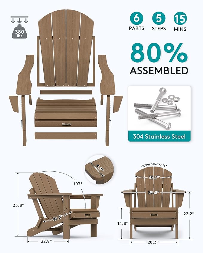 SERWALL Folding Adirondack Chair for Patio Garden Outdoors Fire Pit Chair- Brown