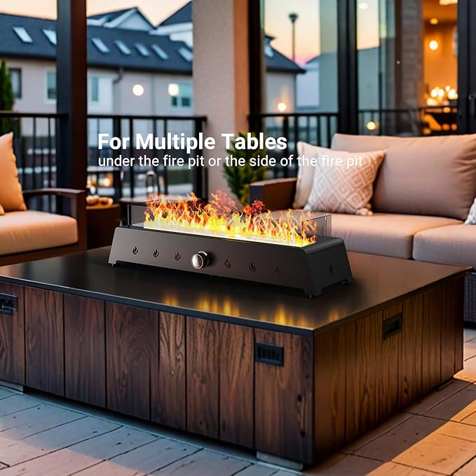 28'' Tabletop Fire Pit Table, 40,000 BTU Propane Fire Pit with Bottom Air Intake and Umbrella Hole, Outdoor Portable Fireplace Rectangular Fire Bowl w/Wind Glass Shield, Laval Rocks - Black