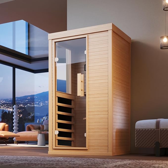 Far Infrared Sauna Home 1 Person, Canadian Hemlock Wooden Indoor Dry Sauna Spa Room for Indoor Low EMF 850W 120V with Bluetooth Speakers and Control Panel, Half Glass