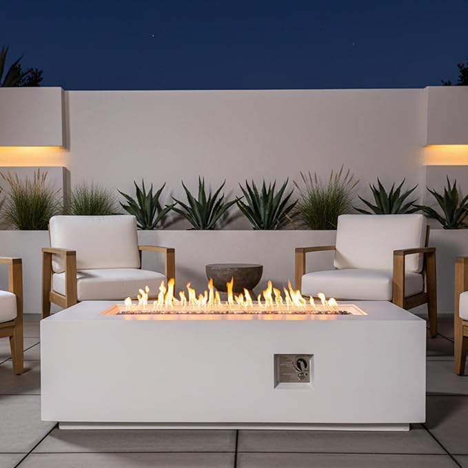 60" MGO Propane Fire Pit Table, 60,000 BTU Rectangular Gas Fire Pit for Outside Patio, Backyard, Pool, Free Lava Rocks & Rain Cover, White