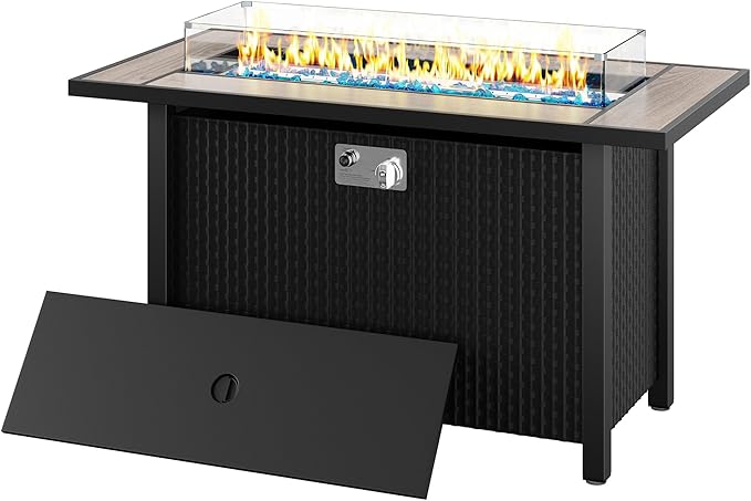 JAMFLY Propane Fire Pit Table 45 Inch, 50,000 BTU Outdoor Gas Firepit Table for Outside Patio with Glass Wind Guard, Blue Glass Rocks,Waterproof Cover, Black/Walnut Wood