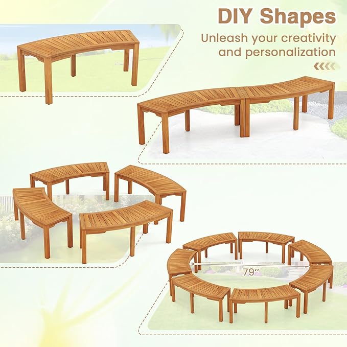 RELAX4LIFE Wooden Outdoor Curved Bench - Acacia Wood Garden Bench w/Slatted Seat, 2-Person Outside Backless Seating for Porch Backyard Deck Park, 800 LBS Load Capacity, Patio Fire Pit Bench (4, 45'')