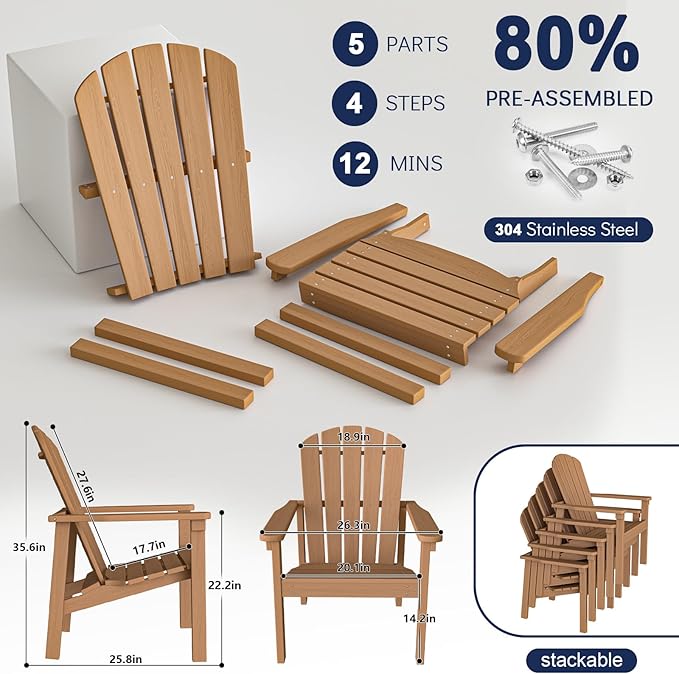 nevilywood Compact Stackable Adirondack Chairs, 26.3" Wide HDPE Outdoor Patio Chairs - Durable, Space-Saving Design for Porch, Lawn or Garden, Teak