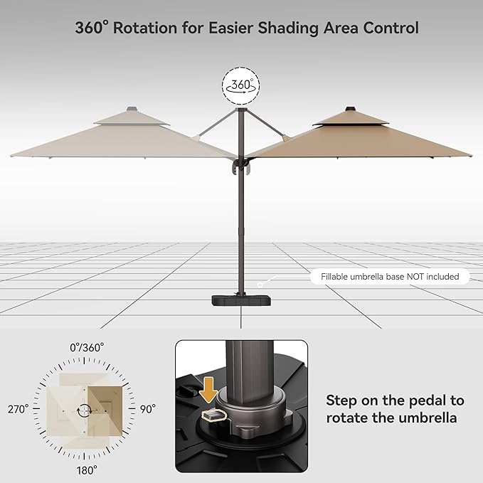 9x12FT Cantilever Patio Umbrella - Heavy Duty Double Layer Offset Design with 360° Rotation, Large Rectangle Sun Shade Umbrella for Garden, Deck, Pool, Backyard, Brown