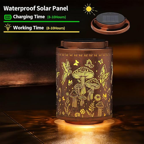 2 Pack Solar Lanterns Outdoor Waterproof Garden Decor Gifts for Women Mon Grandma Metal Hanging Solar Lights Decoration for Outside LED Lanterns for Yard Patio Lawn(Mushroom)