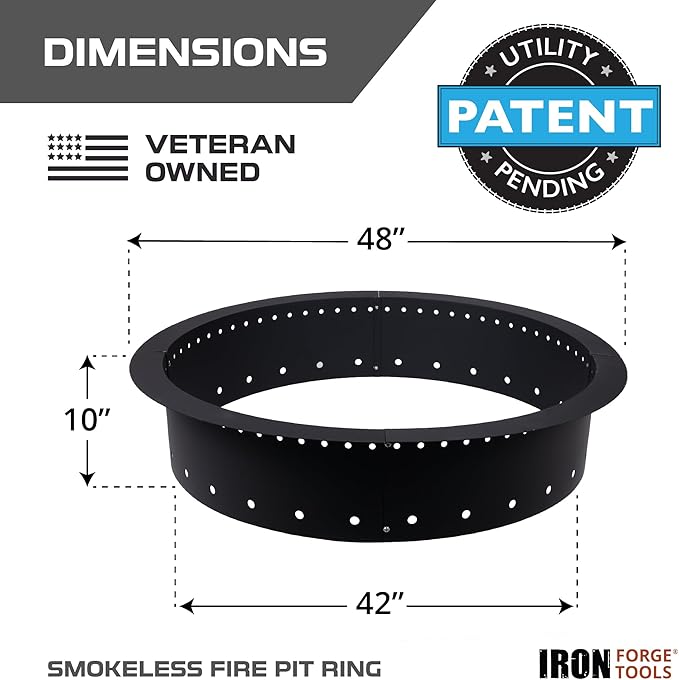 Iron Forge Tools Fire Pit Ring 48 Inch Outer/42 Inch Inner - Outdoor Heavy Duty Metal Round Smokeless Fire Ring Insert Liner - Utility Patent Pending (48x42x10)