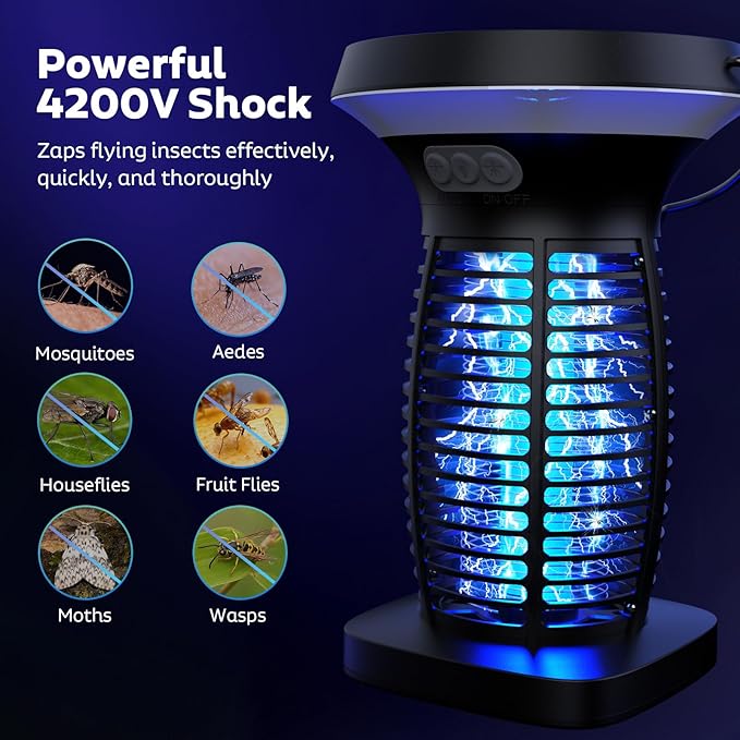 Solar Bug Zapper Outdoor, Mosquito Zapper Outdoor Waterproof Electric Rechargeable Fly Zapper with Solar Panel, 4200V Fly Trap Indoor for Home Backyard, Patio, Garden, Camping