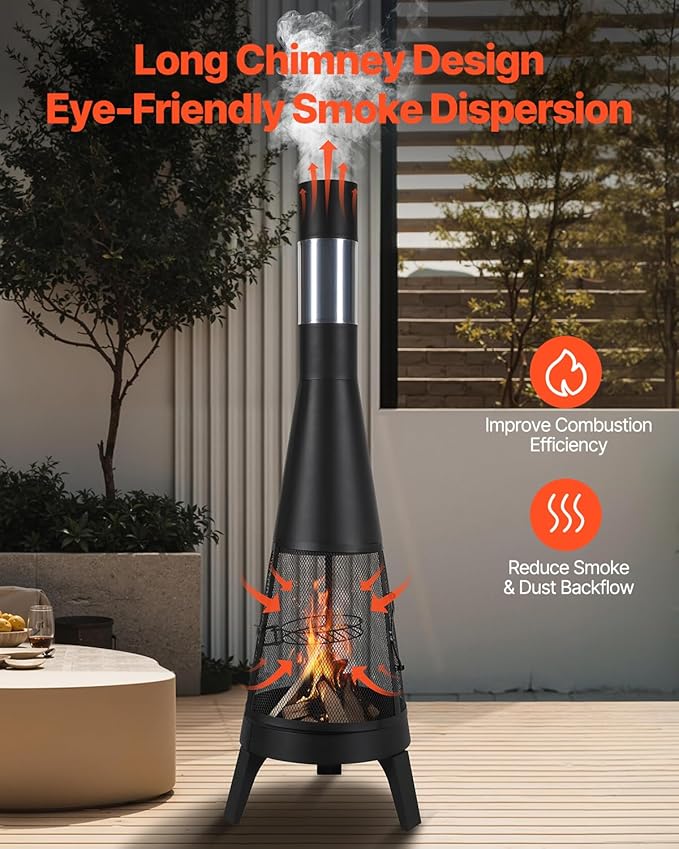 VEVOR Chiminea, 20 Inch Outdoor Wood Burning Firepit, Conical Fireplace for BBQ & Warming, Outside Wooden Fire Pit with Grill Mesh, Chimney Coat & Rustproof Chiminea Lid, for Patio, Garden, Backyard