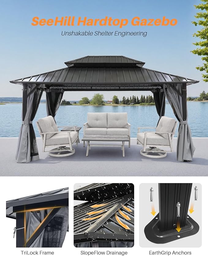 SEEHILL 12' x 16' Hardtop Gazebo, Outdoor Patio Gazebo, Aluminum Frame Patio Hardtop Gazebos with Netting and Curtain, Outdoor Patio Pergola with Double Steel Roofs for Deck, Lawns, Garden, Slate Gray