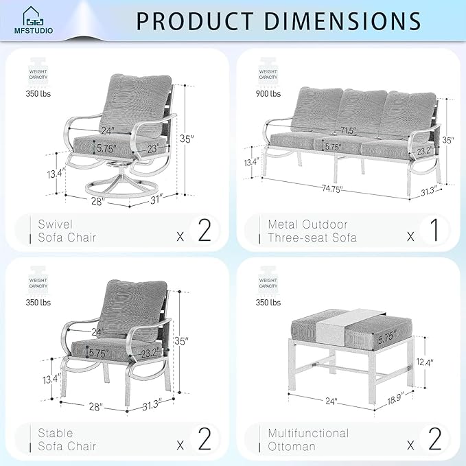 MFSTUDIO 7 Pieces Metal Patio Furniture Sets, 2 Swivel Chairs, 3-Seat Deep Seating Sofa, 2 Single Couch and 2 Ottoman, All Weather 9 Seats Outdoor Conversation Set for Garden Backyard, Grey Cushion