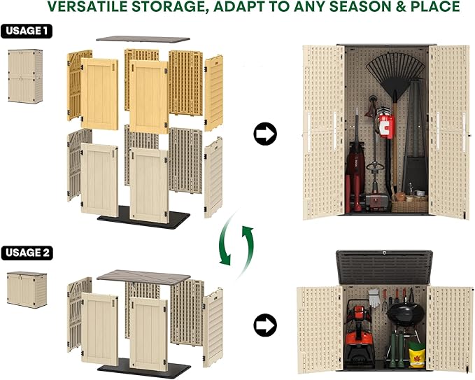 Vertical Outdoor Storage Shed, 60 Cu.Ft Resin Storage Cabinet Waterproof with Lockable Floor, All-Weather Tall Backyard Shed for Patio Furniture, Garage, Garden, Porch (Khaki)