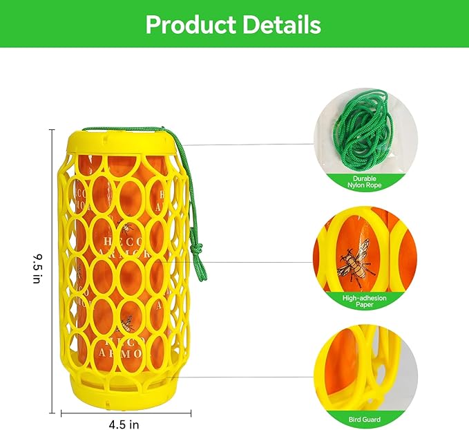2 Pack Wasp Trap Outdoor Hanging, Wasps Traps for Patio with Honey Tray, 6 PCS Refillable Sticky Papers, Outdoor Sticky Yellow Jacket Bee Trap Insects Catcher, Fly Bug Insect Deterrent Killer