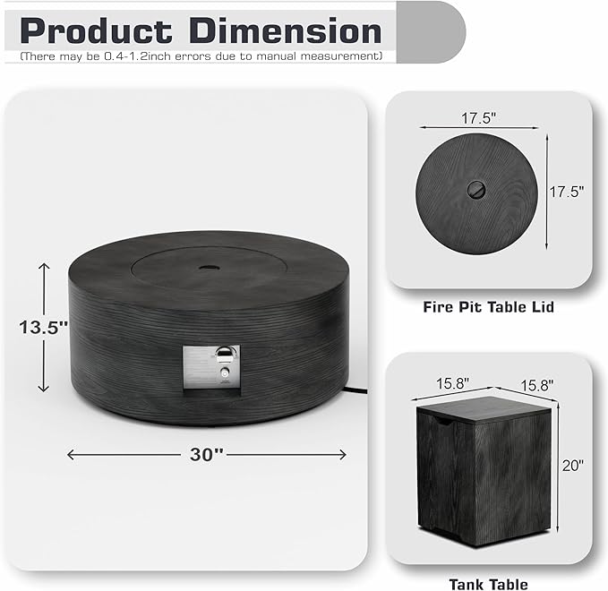 Wood Grain 30'' Patio Fire Pit Table Round, Propane Gas Fire Table 50,001 BTU, Outdoor Firepit & Fireplace for Patio, Black