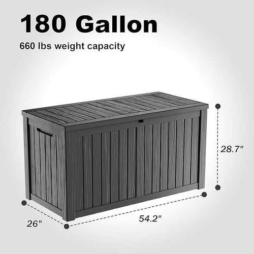 180 Gallon Waterproof Outdoor Storage Box, UV Resistant Resin Deck Box with Hydraulic Rod for Reinforced Stability, Perfect for Patio, Garden, and Pool, Striped Black