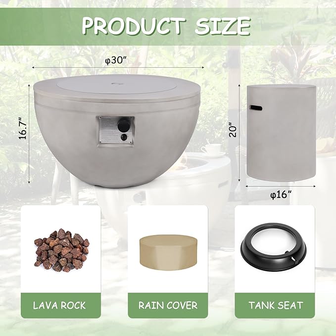 Round Propane Fire Pit,30 Inch Outdoor Fire Pit Table w Tank Cover,2-Piece 40,000 BTU Gas Concrete Firepit for Patio w Lava Rocks/Rain Cover,Fireplace for Backyard & Deck