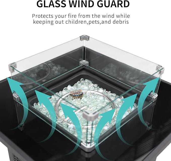 Fire Pit Table 28" Wicker &Rattan Square Propane Outdoor Fire Pit with Lid, Glass Wind Guard, CSA Listed, 50,000BTU, Gas Fire Pit Table for Patio Garden Backyard Deck (Black)