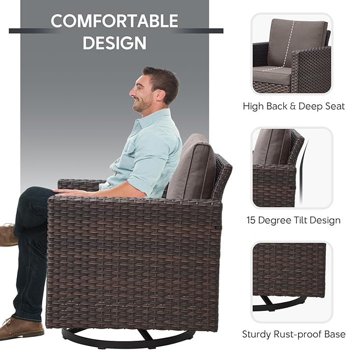Outdoor Swivel Rocker Chairs - 5 Piece Patio Bistro Set Wicker Patio Rocking Chairs Set with Side Table and Ottomans, 360° Swivel Glider Proch Furniture for Balcony Deck - Brown/Grey