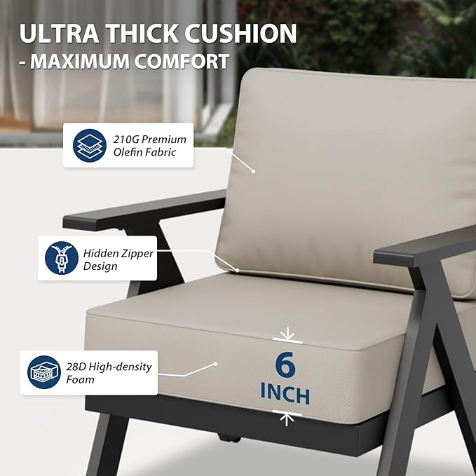 Urban Anvil 2 Pieces Patio Furniture Outdoor Metal Armchairs, All-Weather Patio Accent Chairs with Cushions for Balcony, Porch, Deck, Black/Beige