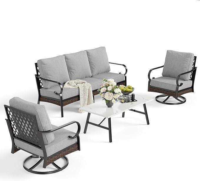 SUNSHINE VALLEY 4 PCS Metal Outdoor Patio Furniture Set, Patio Conversation Sets 1 3-Seater Sofa, 2 Swivel Chairs with 5.75" Extra Thick Cushion & Coffee Table, Black Backyard Furniture, Light Gray
