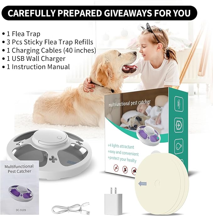 Flea Trap for Inside Your Home with 3 Sticky Pads, Flea Light Traps Kills Fleas in House, Hanging Flea Lamp with USB Cable and Led Light Pest Control for Bug Moth Gnat Indoor and Outdoor