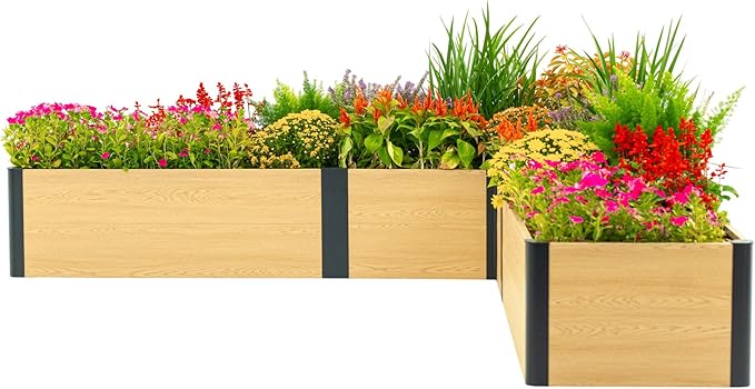 Vego garden Woodgrain Series Raised Garden Bed, 16" Tall Wooden-Look 8' x 8' L-Shaped Metal Planter Box Outdoor for Vegetables, Flowers, Herbs