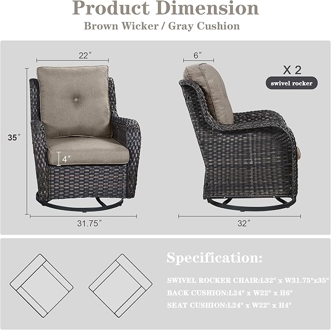 Belord Outdoor Swivel Rcoker Patio Chairs - Outdoor Swivel Patio Chairs Set of 2 Wicker Chair Patio Furniture Sets with Covered Cushion for Porch Deck Balcony Garden, Gray