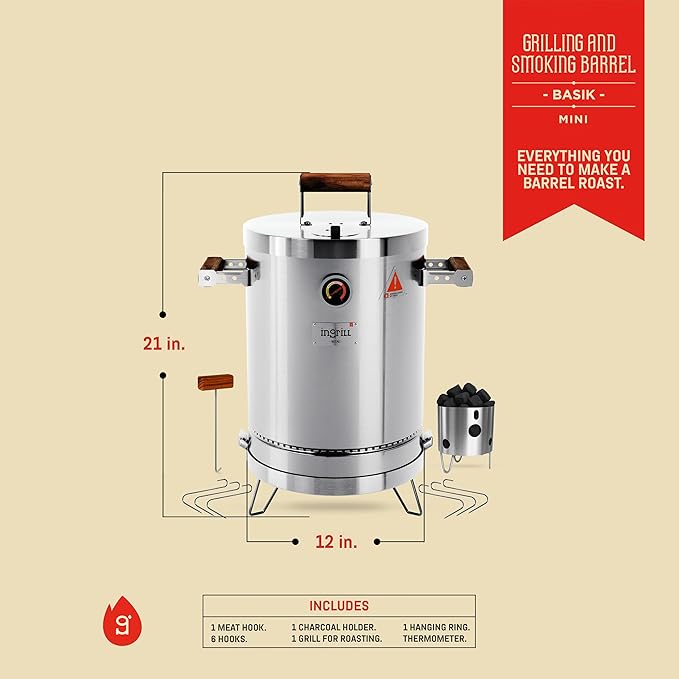 INGRILL Charcoal Grills - Basic Mini 6 lbs - 3-in-1 Stainless Steel Ultra-Portable Smoker Grill for Outdoors, Camping and Home BBQ - Compact Vertical Smoker Barrel Grill with Thermometer & Accessories