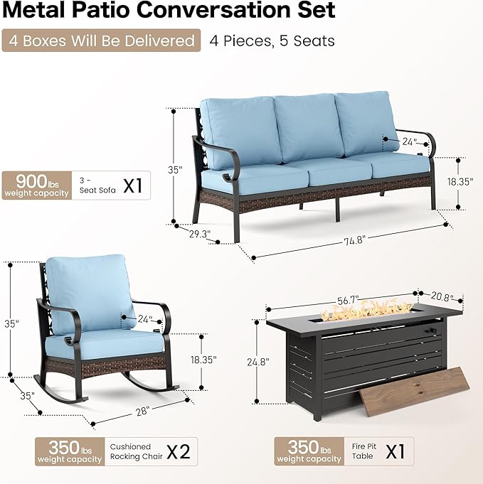 SUNSHINE VALLEY 4 Piece Black Metal Outdoor Patio Furniture Sets with Firepit Table, Patio Conversation Sets 1 3-Seater Sofa, 2 Rocking Sofa with 5.75" Thick Cushion Backyard Furniture for Deck, Blue
