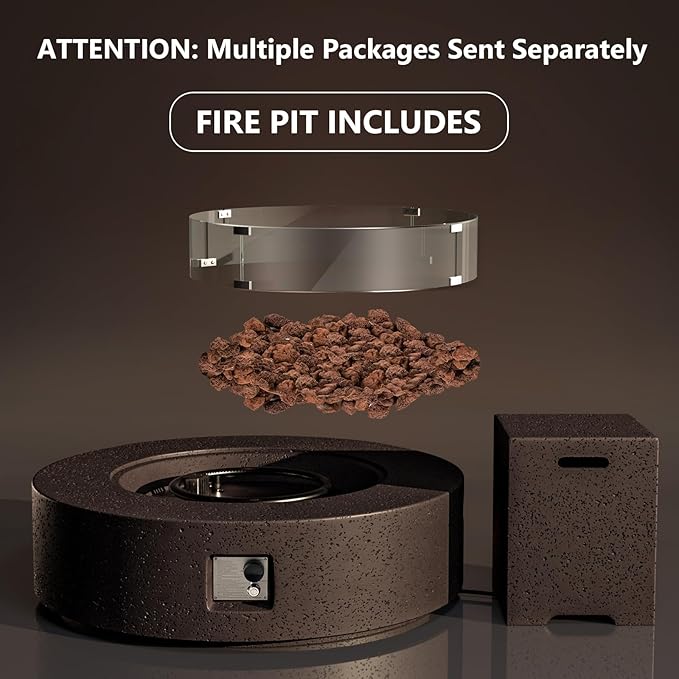COSIEST 42 inch Outdoor Propane Fire Pit Coffee Table w Concrete Round Base Patio Heater, Certified, 50,000 BTU Stainless Steel Burner, Free Lava Rocks, Rain Cover, Wind Guard, Tank Cover