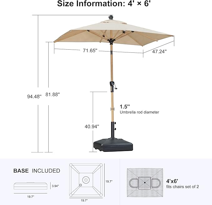 PURPLE LEAF 4' x 6' Patio Umbrella with Base Outdoor Umbrella Aluminum Market Umbrella with Push Button Tilt & Crank and 8 Ribs Rectangular Outdoor Table Umbrella for Pool Garden Beach, Beige