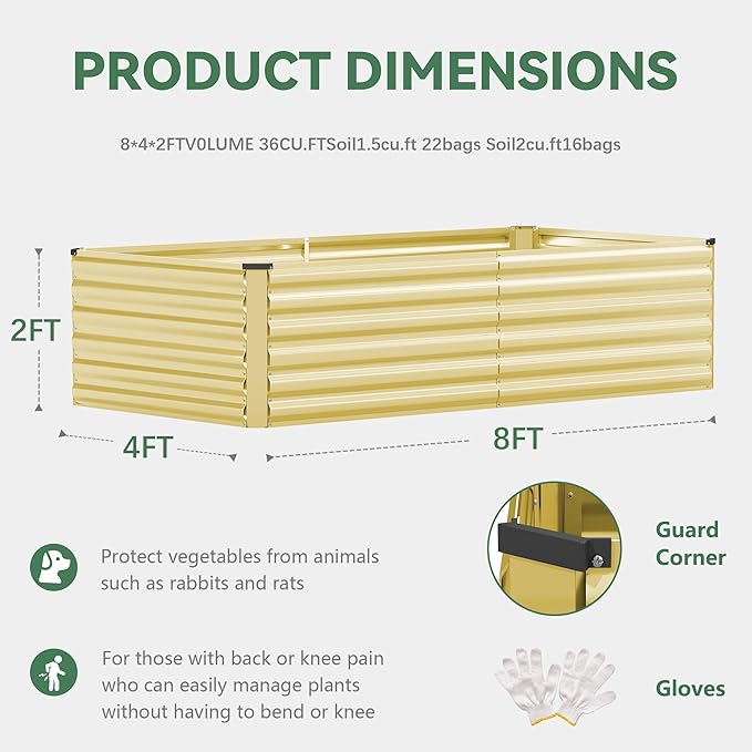 FOOWIN 4pcs 8x4x2ft Galvanized Raised Garden Bed, Planter Raised Garden Boxes Outdoor, Large Metal Raised Beds for Gardening, Garden Bed for Vegetables, Flowers, Herb,478 Gallon Capacity, Cream Yellow