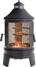 Metal Outdoor Fire Pit for Outside Wood Burning，24 Inch Chiminea Outdoor Fireplace with Adjustable Grill Tray, Spark Screen Door & Fire Poker, for Patio, Garden, Backyard