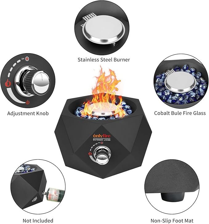 ONLYFIRE OUTDOOR LIVING Propane Gas Fire Pit with Blue Fire Glass Stones, 14" Portable Tabletop Gas Firepit Side-Mounted, Smokeless Firepit for Patio Bonfire Camping RV Tailgating, Modern FP004