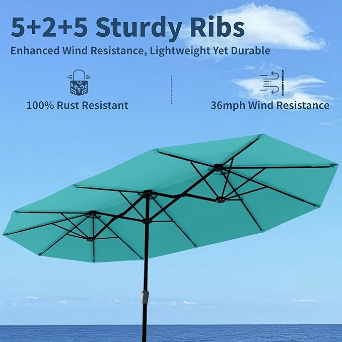 15FT Double Sided Patio Umbrella with Base Included Large Outdoor Market Umbrella with Crank Handle, UV Resistant Canopy, Sturdy Frame for Garden, Poolside, Deck, Aqua Blue