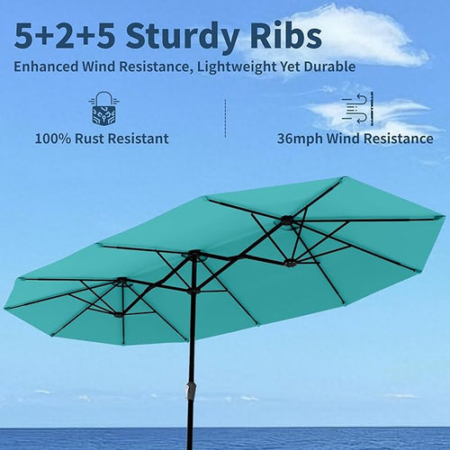 15FT Double Sided Patio Umbrella with Base Included Large Outdoor Market Umbrella with Crank Handle, UV Resistant Canopy, Sturdy Frame for Garden, Poolside, Deck, Aqua Blue