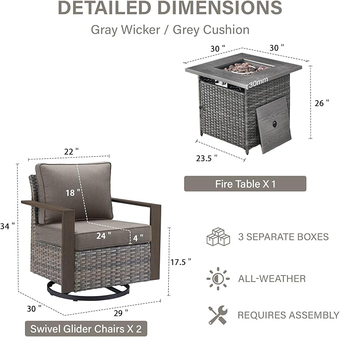 Belord Social 5 Pieces Patio Furniture Set - Swivel Rocker Glider Outdoor Chairs Set of 4 with 50000BTU Propane Fire Pit Table, Durable Wicker Outdoor Conversation Set for Casual Gathering