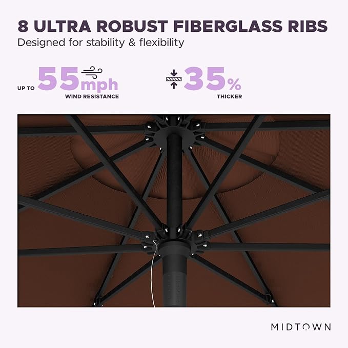 Midtown Umbrellas Push Pop Sunbrella Umbrella 9 Feet Outdoor Umbrella in Bay Brown Fabric - Patio Umbrella, Backyard Umbrella, Garden Umbrella, Picnic Table Umbrella & Pool Umbrella - Black Pole