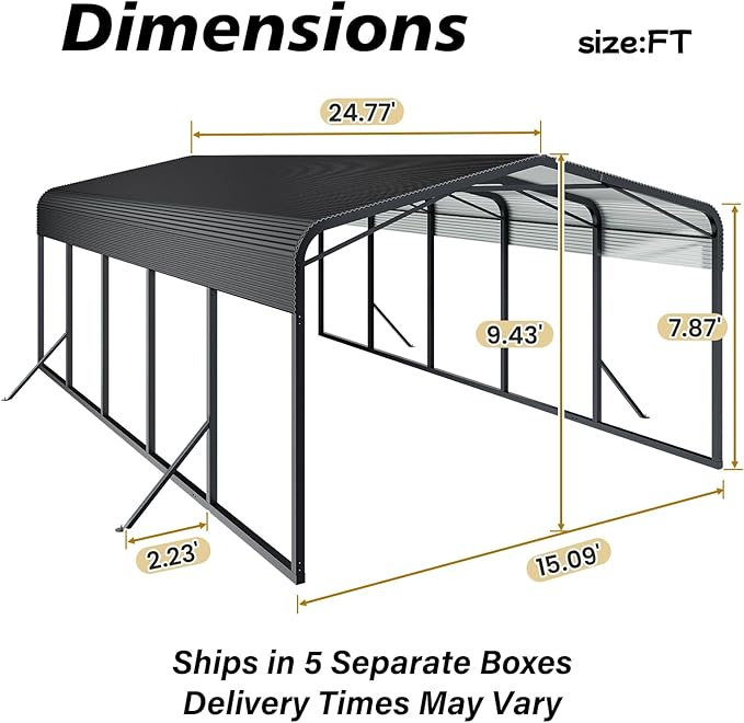 Unovivy 15x25 FT Metal Carport, Large Outdoor Heavy Duty Carport with Galvanized Steel Roof and 4 Support Feet, Spacious Vehicle Shelter for Cars, Boats, RVs, and Outdoor Equipment
