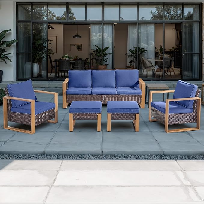 Rilyson Outdoor Wicker Patio Furniture Set - 6 Piece Patio Conversation Set with 2 Wicker Armrest Chairs,2 Rattan Ottoman,1 Side Table and 1 Couch,Sturdy Frame,Thick Cushions,Deep Seating(Brown/Blue)