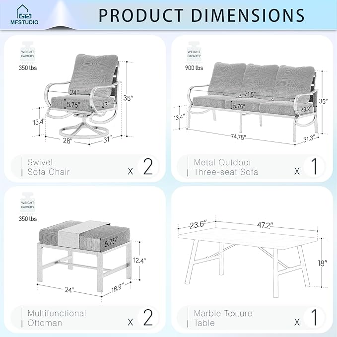 MFSTUDIO 6 Pieces Metal Patio Furniture Sets, 2 Swivel Chair, 1 Deep Seating 3-Seat Sofa, 2 Ottoman & 1 Marbling Coffee Table, All Weather 7 Seats Outdoor Conversation Set for Garden, Burgundy Red